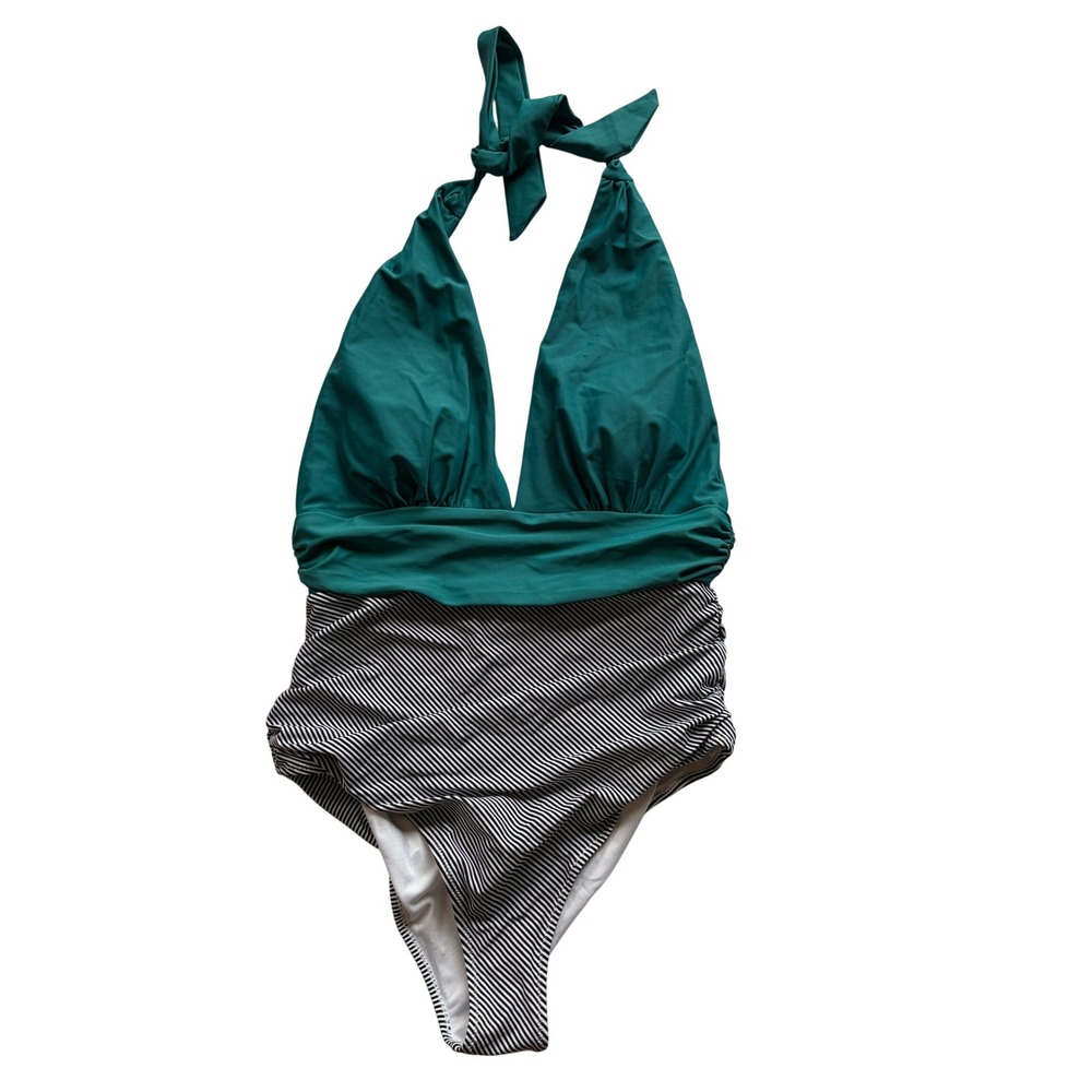 Cupshe Womens Teal Striped Ruched Halter One Piece Swimsuit Size L NWT V Neck